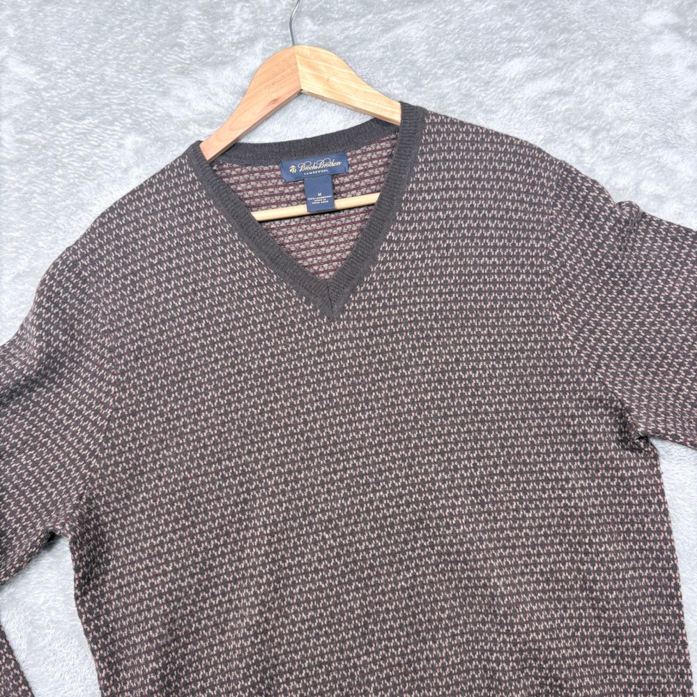 Brooks Brothers Sweater Mens M Brown Birdseye 100% Lambswool V-Neck Pullover